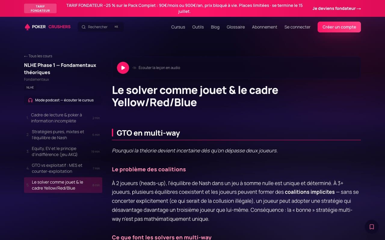 Leçon structurée NLHE — théorie GTO (cadre Yellow/Red/Blue)